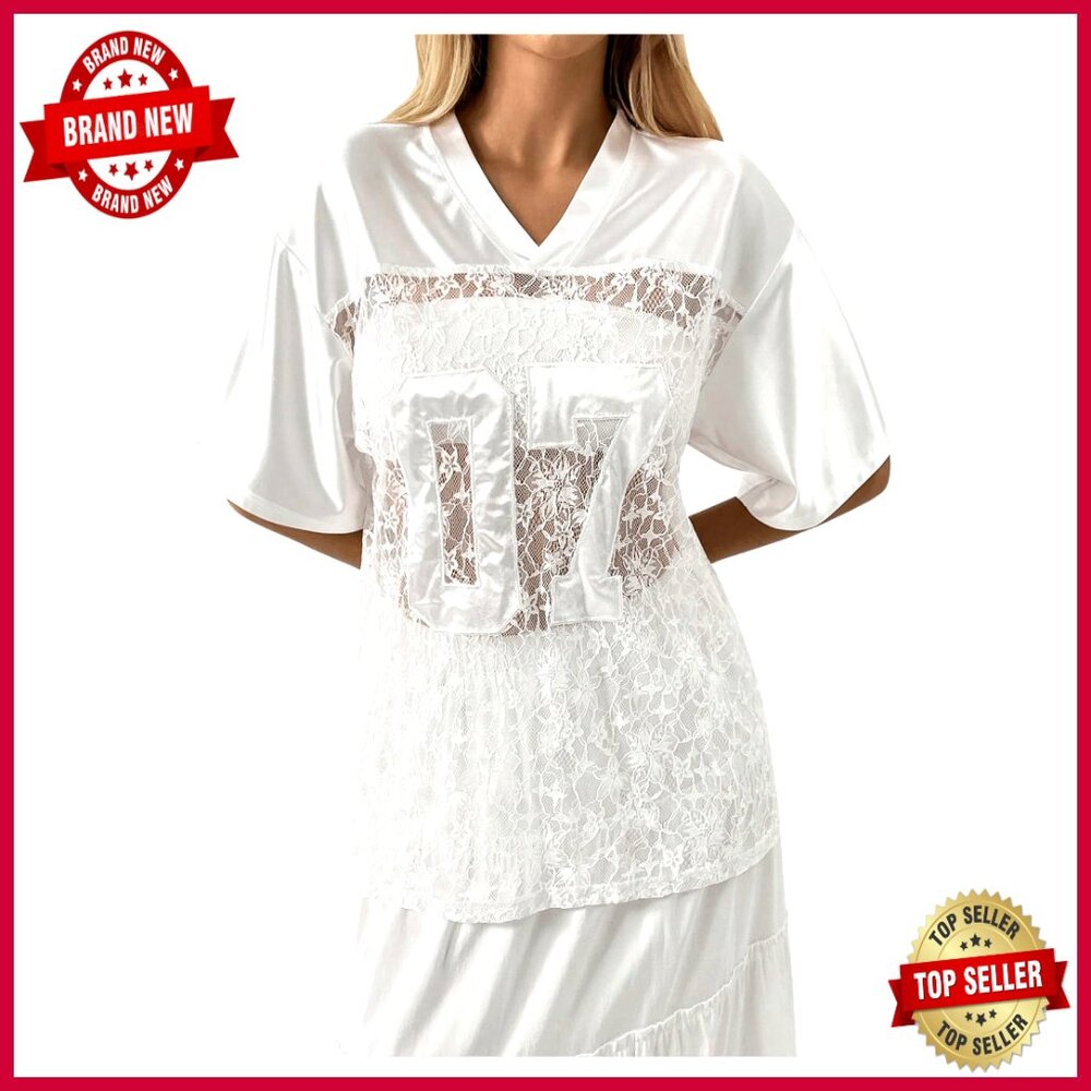 Sheer Mesh Lace Jersey V-Neck Tee Oversized See Through Top Casual Wear